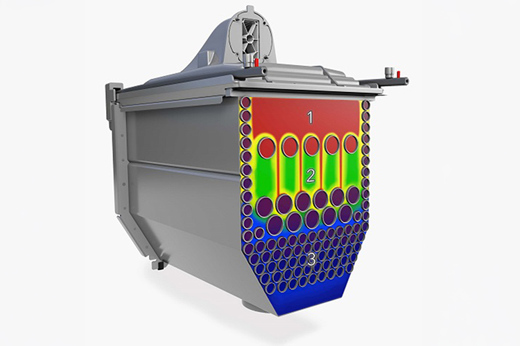 Technische Darstellung der hex³-Wärmetauschertechnologie mit Rohrstruktur und Simulation der Temperaturverteilung für eine effiziente Wärmeerzeugung.