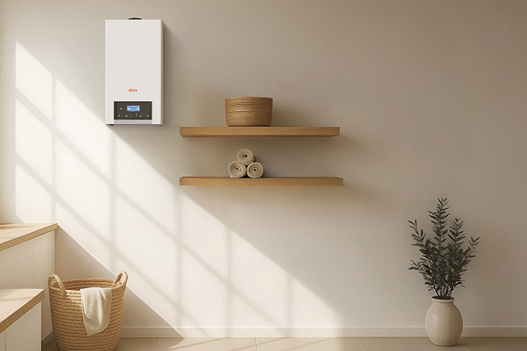 Wandhängende ELCO Gas-Brennwertheizung in einem modern eingerichteten Wohnraum mit dezenten Einrichtungselementen.
