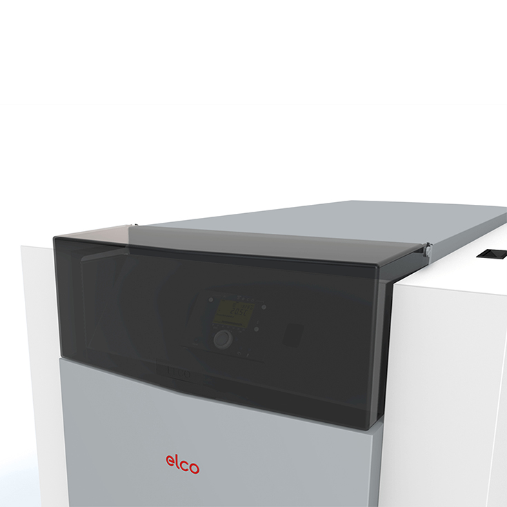 Moderne Heizungssteuerungseinheit von Elco mit digitalem Display und schwenkbarem Schutzcover, dargestellt in Nahaufnahme im geschlossenen Zustand