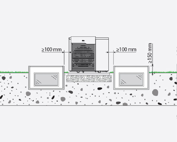 Zeichnung einer AEROTOP SX und zwei erhöhte Lichtschächte links und rechts von der Wärmepumpe